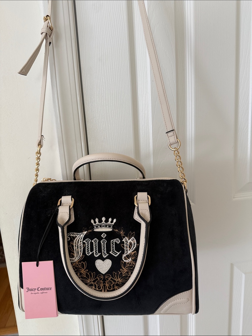 NWT Juicy Couture Black Suede Satchel with Cream Trim and Gold Accents
